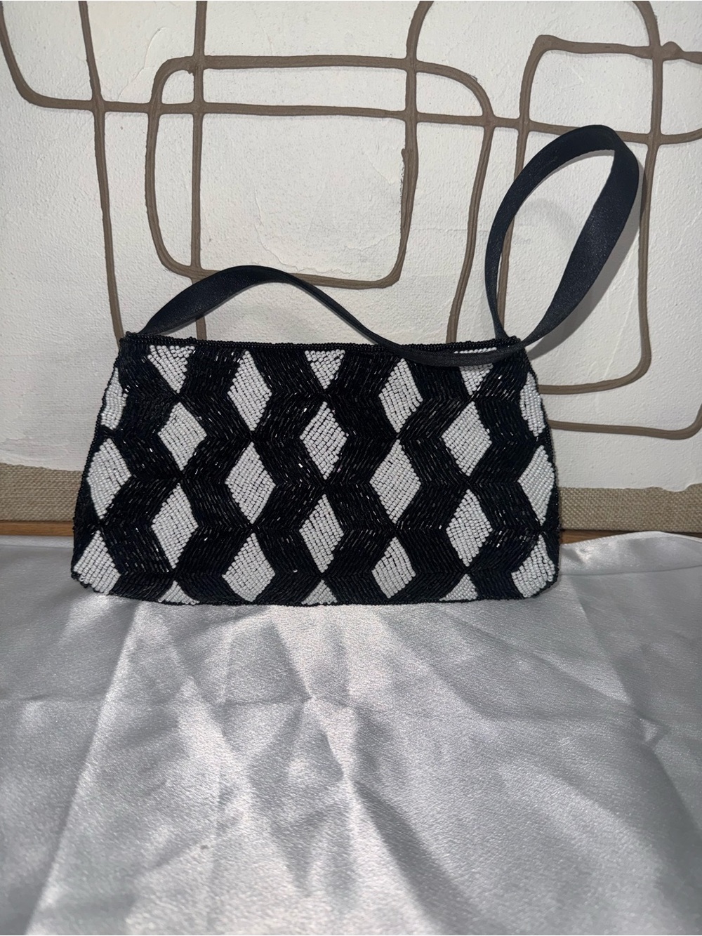Black & White Beaded Mini Shoulder Bag - Geometric Pattern